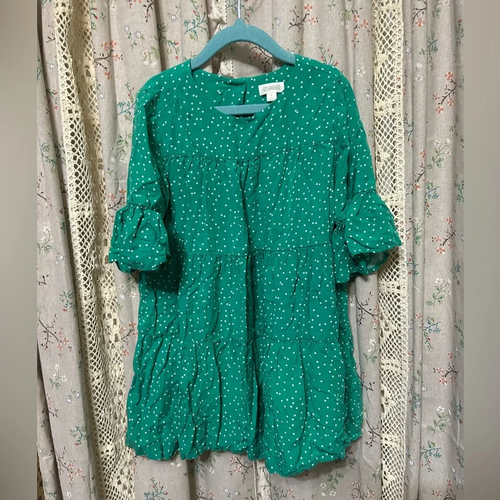 Gymboree Girl’s Green Polka Dot Puff Sleeves Tiered Dress‎ Size 6